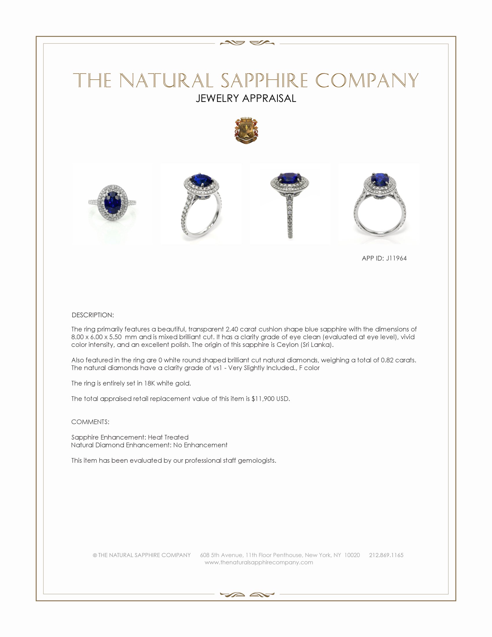 2.40 Ct. Blue Sapphire and Natural Diamond Pave Ring, 18K White Gold