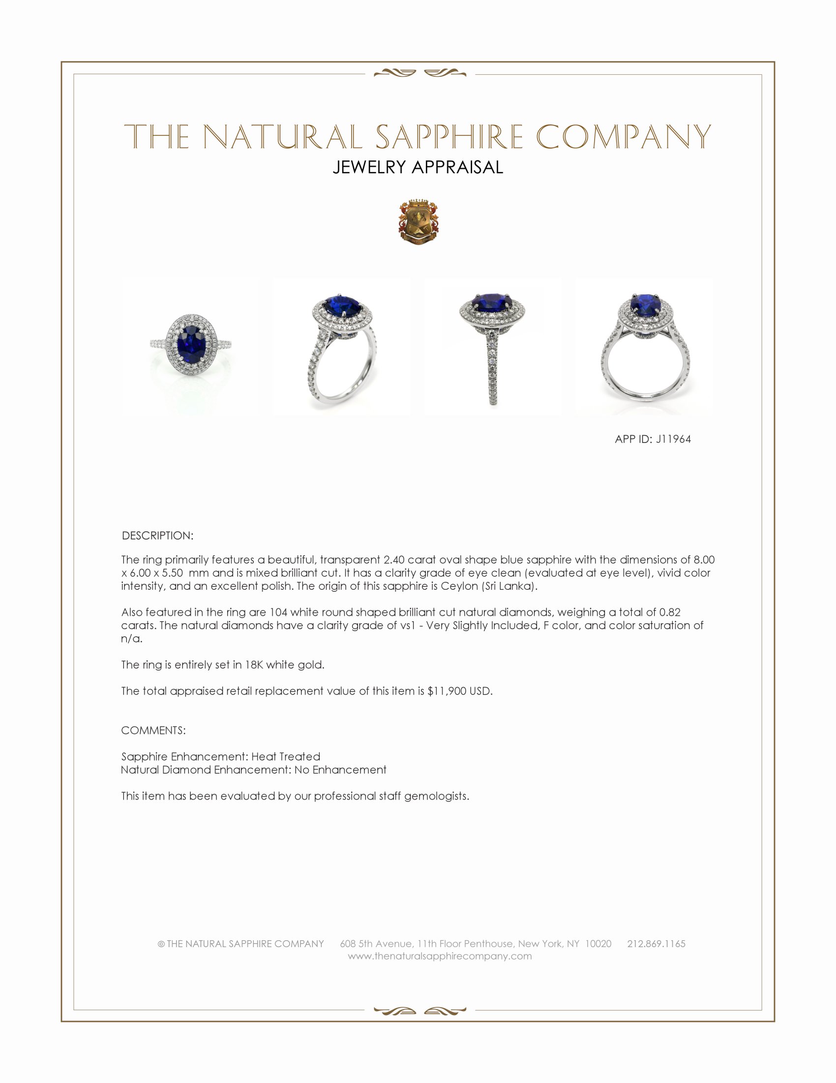 2.40 Ct. Blue Sapphire and Natural Diamond Pave Ring, 18K White Gold