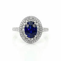 2.40 Ct. Blue Sapphire and Natural Diamond Pave Ring, 18K White Gold Video