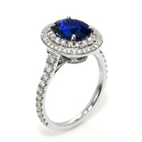 2.40 Ct. Blue Sapphire and Natural Diamond Pave Ring, 18K White Gold Image