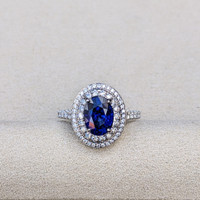 2.40 Ct. Blue Sapphire and Natural Diamond Pave Ring, 18K White Gold Life Style