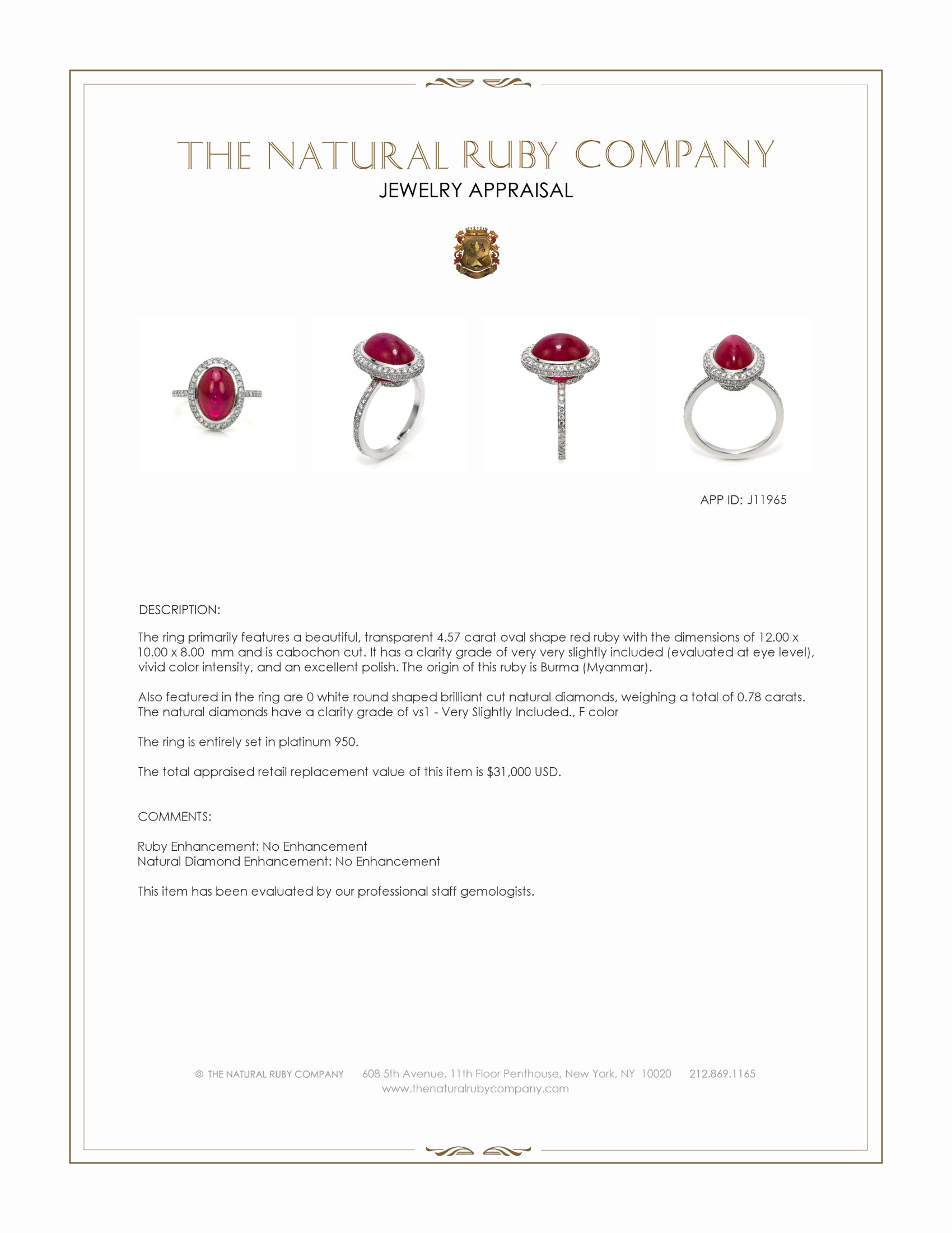 4.57 Ct. Ruby and Natural Diamond Pave Ring, Platinum 950