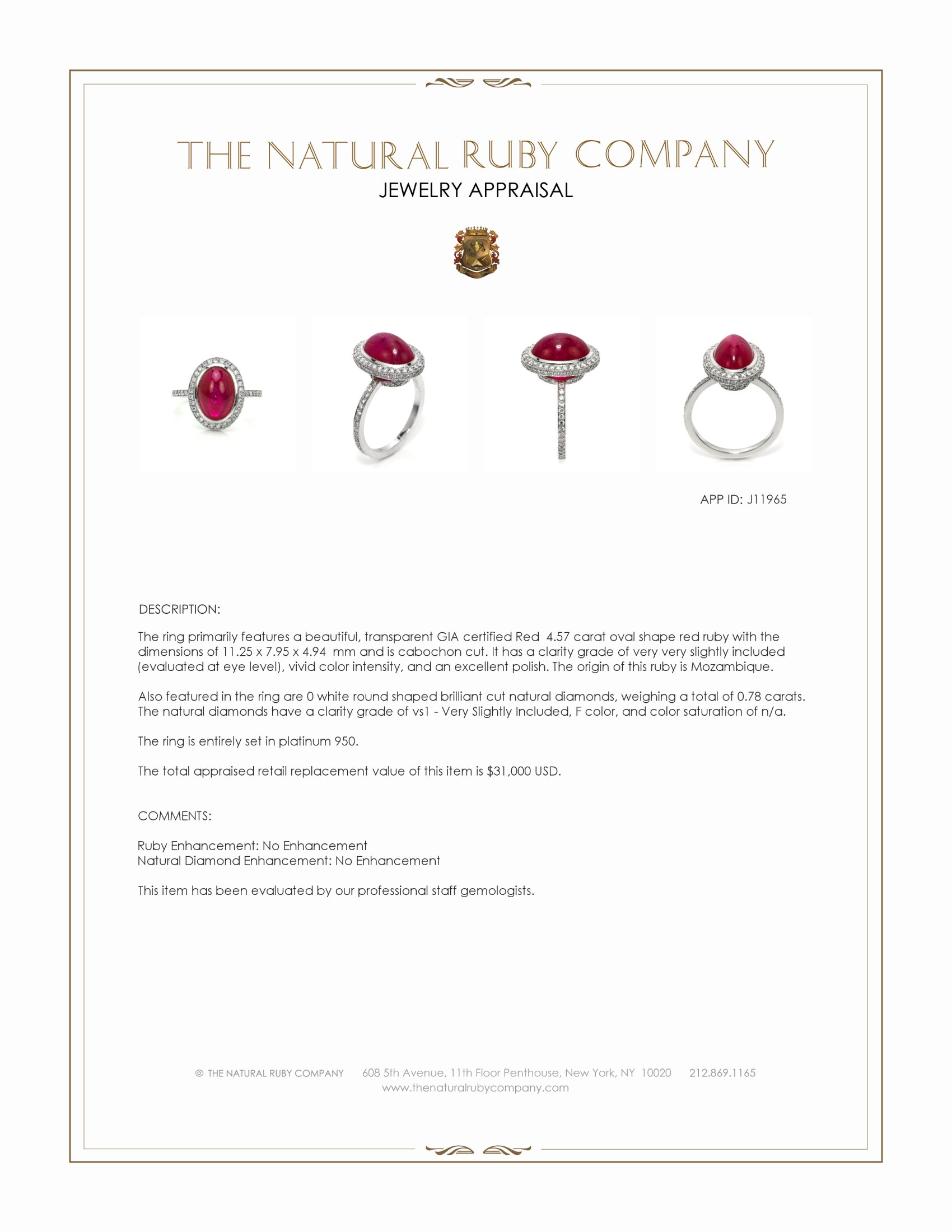 4.57 Ct. Ruby and Natural Diamond Pave Ring, Platinum 950
