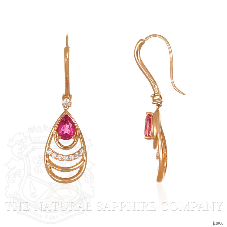 1.49 Ct.Tw. Pinkish Red Rubellite Tourmaline and Natural Diamond Drops Earrings, 18K Rose Gold