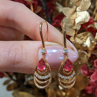 1.49&nbsp;Ct.Tw.Total Carat Weight Pinkish Red Rubellite Tourmaline and Natural Diamond Drops Earrings, 18K Rose Gold Life Style
