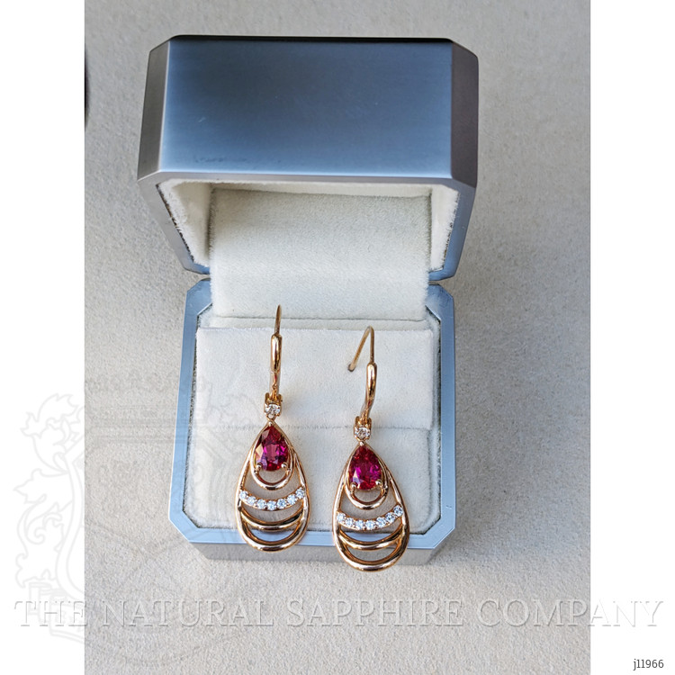 1.49 Ct.Tw. Pinkish Red Rubellite Tourmaline and Natural Diamond Drops Earrings, 18K Rose Gold