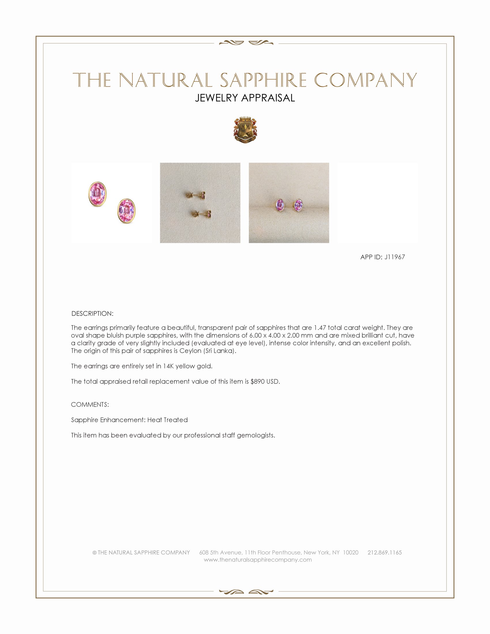 1.47 Ct.Tw. Bluish Purple Sapphire Studs Earrings, 14K Yellow Gold