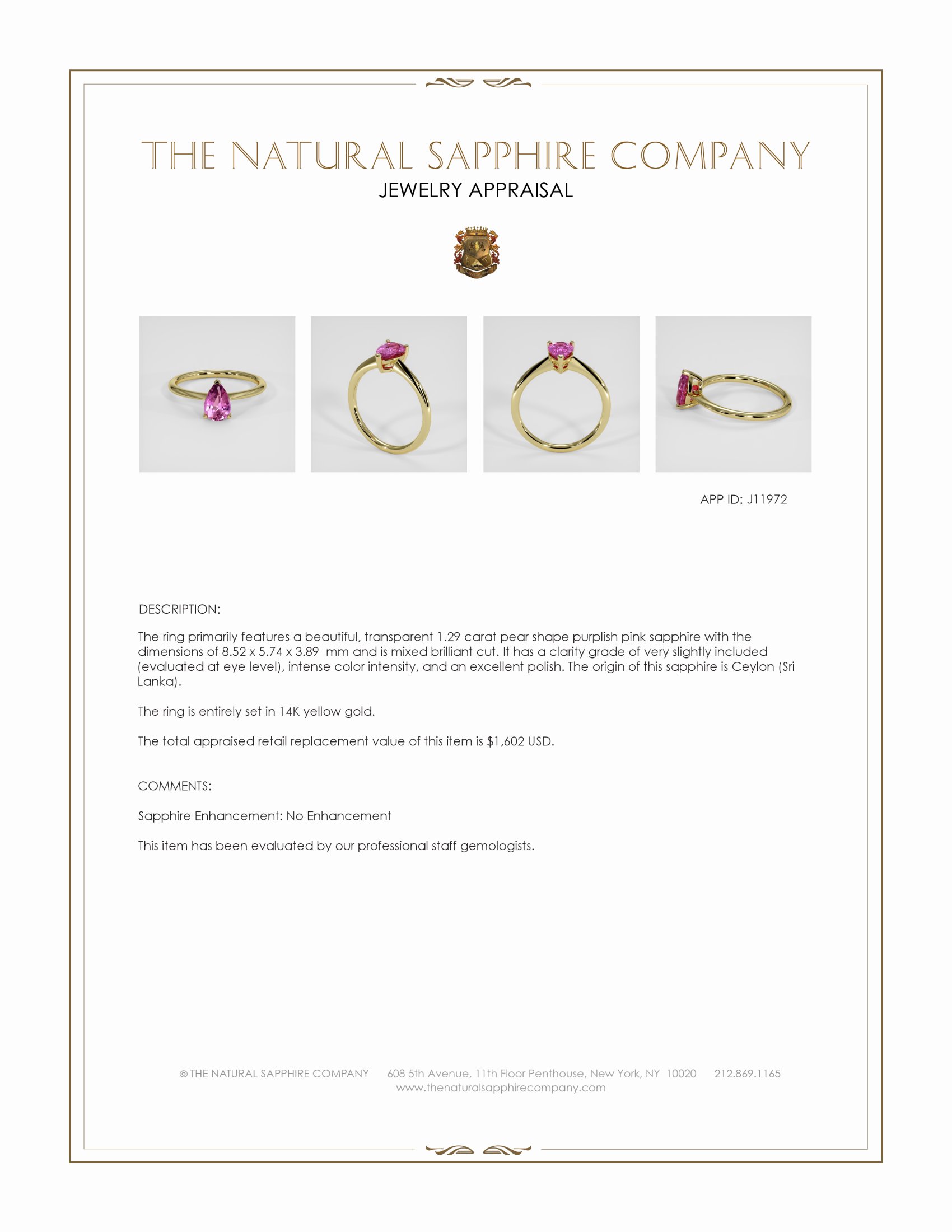 1.29 Ct. Purplish Pink Sapphire Solitaire Ring, 14K Yellow Gold