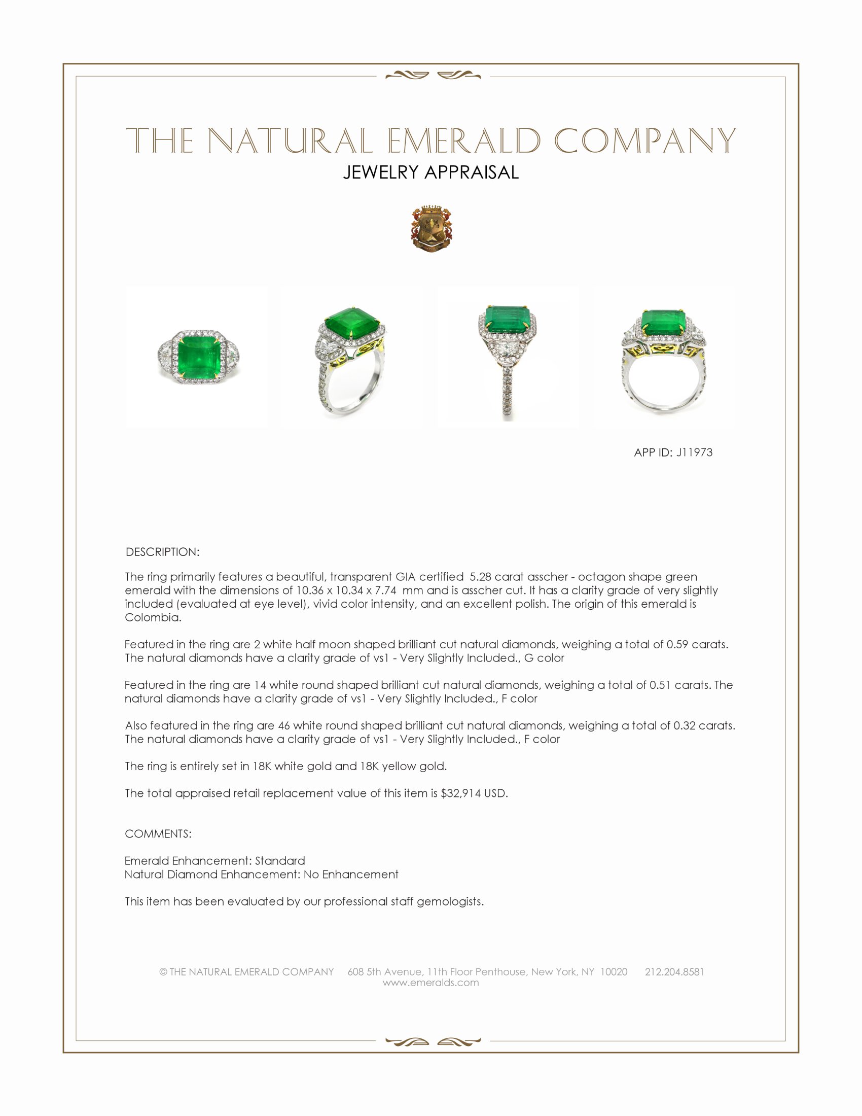 5.28 Ct. Emerald and Natural Diamond Three Stone Ring, 18K White & Yellow