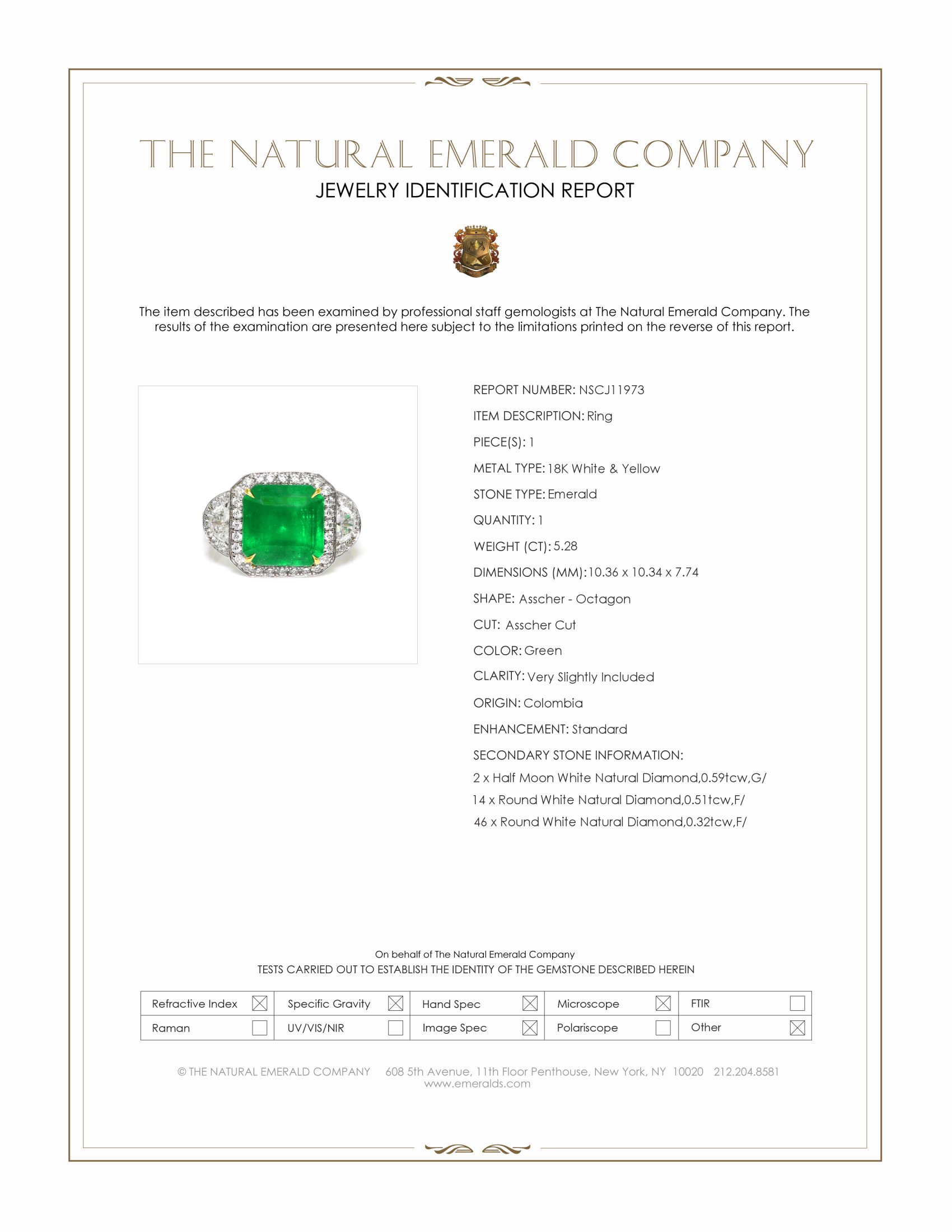 5.28 Ct. Emerald and Natural Diamond Three Stone Ring, 18K White & Yellow