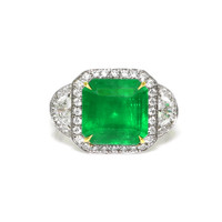 5.28 Ct. Emerald and Natural Diamond Three Stone Ring, 18K White & Yellow Video