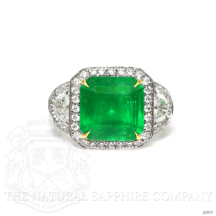 5.28 Ct. Emerald and Natural Diamond Three Stone Ring, 18K White & Yellow