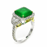 5.28 Ct. Emerald and Natural Diamond Three Stone Ring, 18K White & Yellow Image