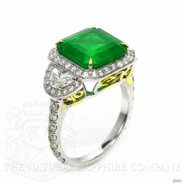 5.28 Ct. Emerald and Natural Diamond Three Stone Ring, 18K White & Yellow