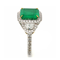 5.28 Ct. Emerald and Natural Diamond Three Stone Ring, 18K White & Yellow Image