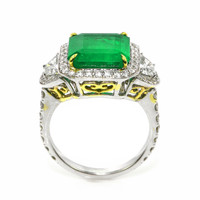 5.28 Ct. Emerald and Natural Diamond Three Stone Ring, 18K White & Yellow Image