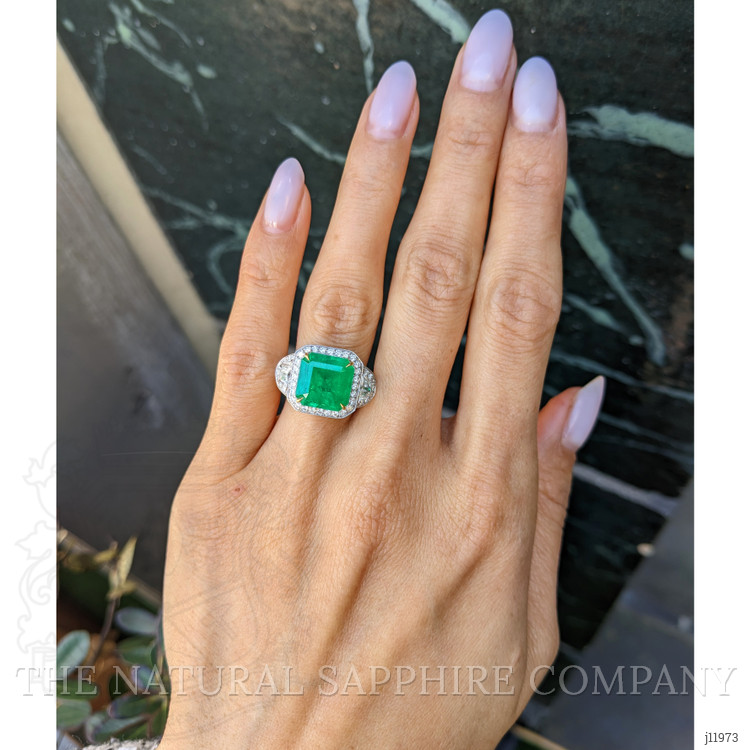 5.28 Ct. Emerald and Natural Diamond Three Stone Ring, 18K White & Yellow