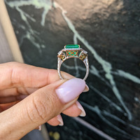 5.28 Ct. Emerald and Natural Diamond Three Stone Ring, 18K White & Yellow Life Style