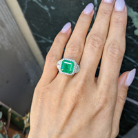 5.28 Ct. Emerald and Natural Diamond Three Stone Ring, 18K White & Yellow Life Style