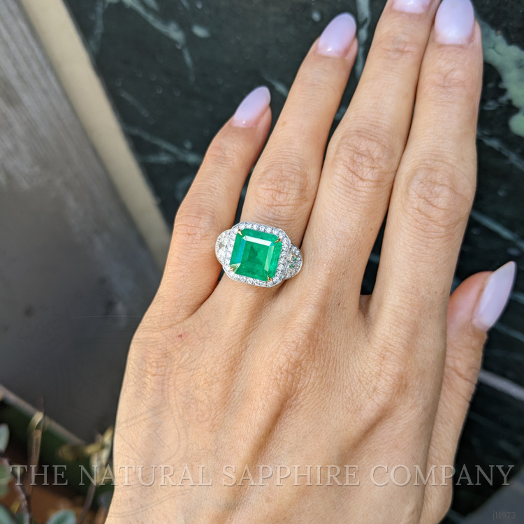5.28 Ct. Emerald and Natural Diamond Three Stone Ring, 18K White & Yellow