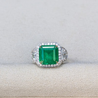 5.28 Ct. Emerald and Natural Diamond Three Stone Ring, 18K White & Yellow Life Style