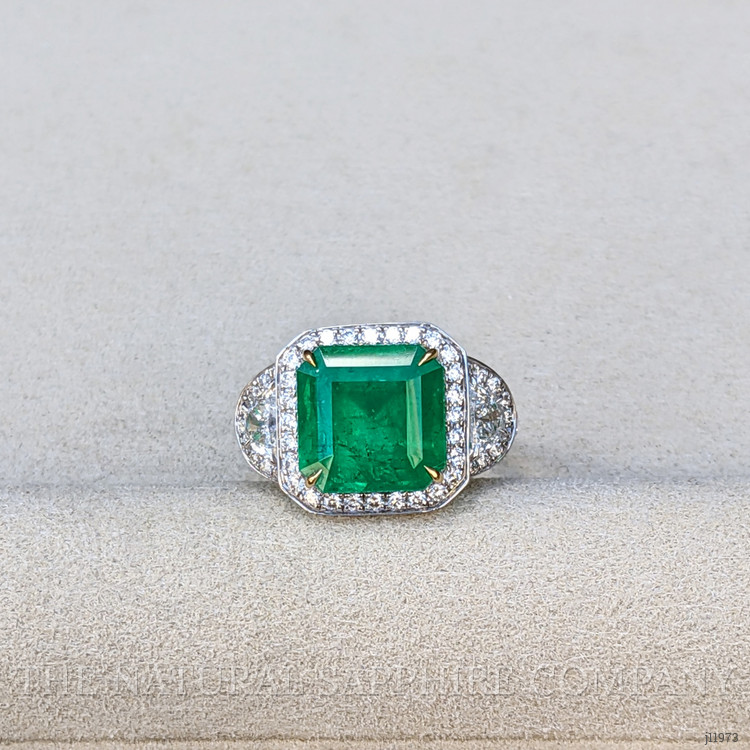 5.28 Ct. Emerald and Natural Diamond Three Stone Ring, 18K White & Yellow