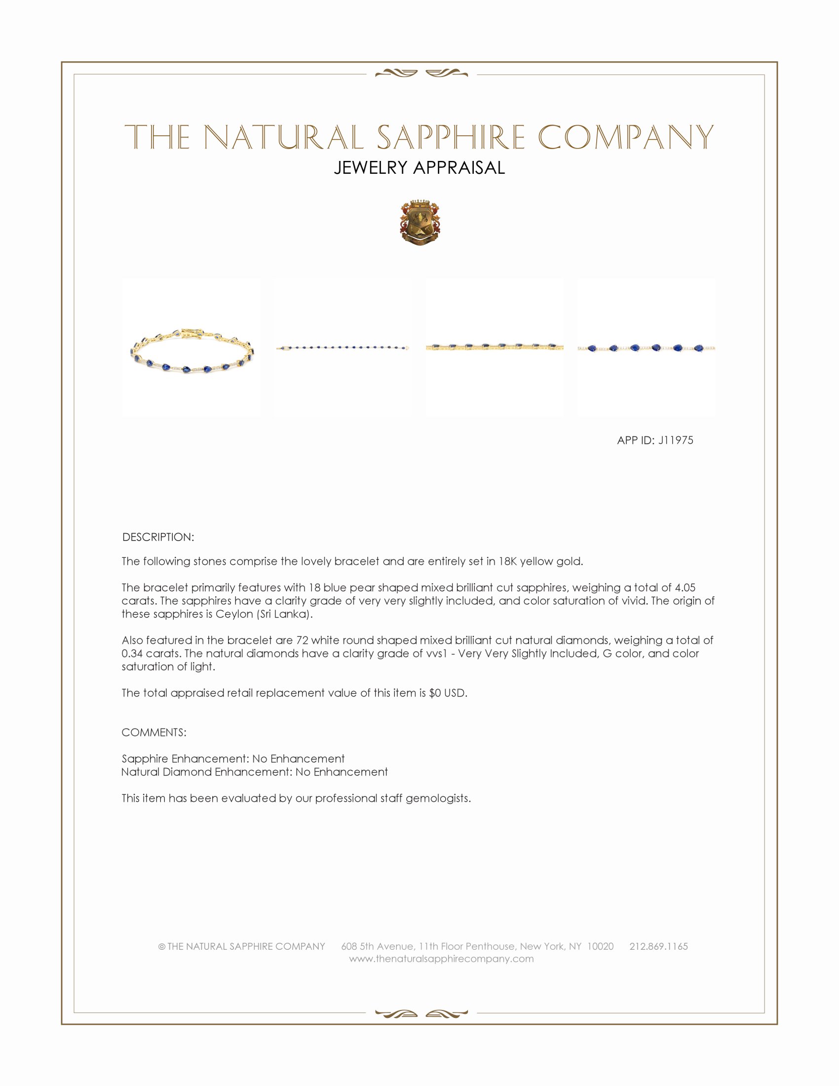 4.05 Ct.Tw. Blue Sapphire and Natural Diamond Tennis/Line Bracelet, 18K Yellow Gold