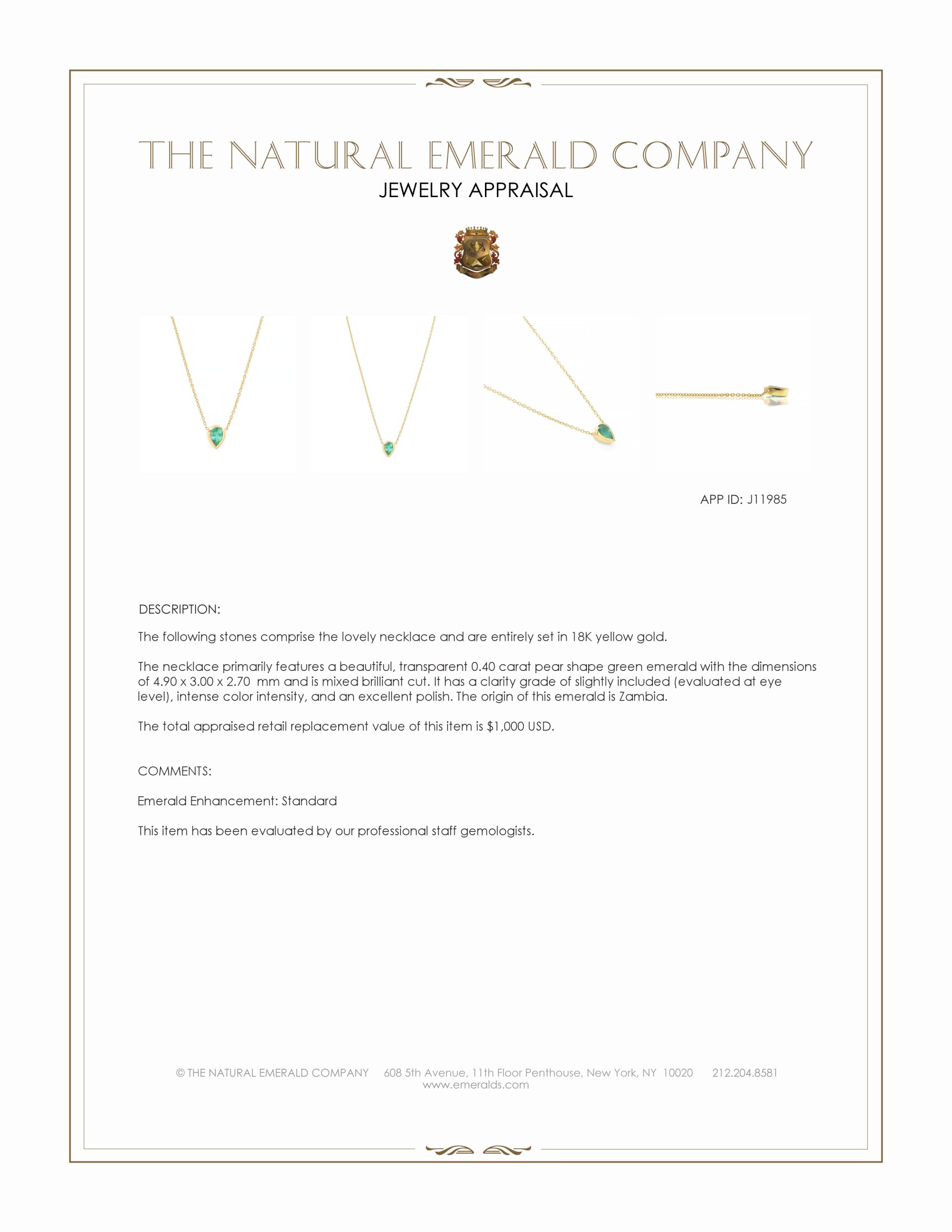 0.40 Ct. Emerald Bezel Necklace, 18K Yellow Gold