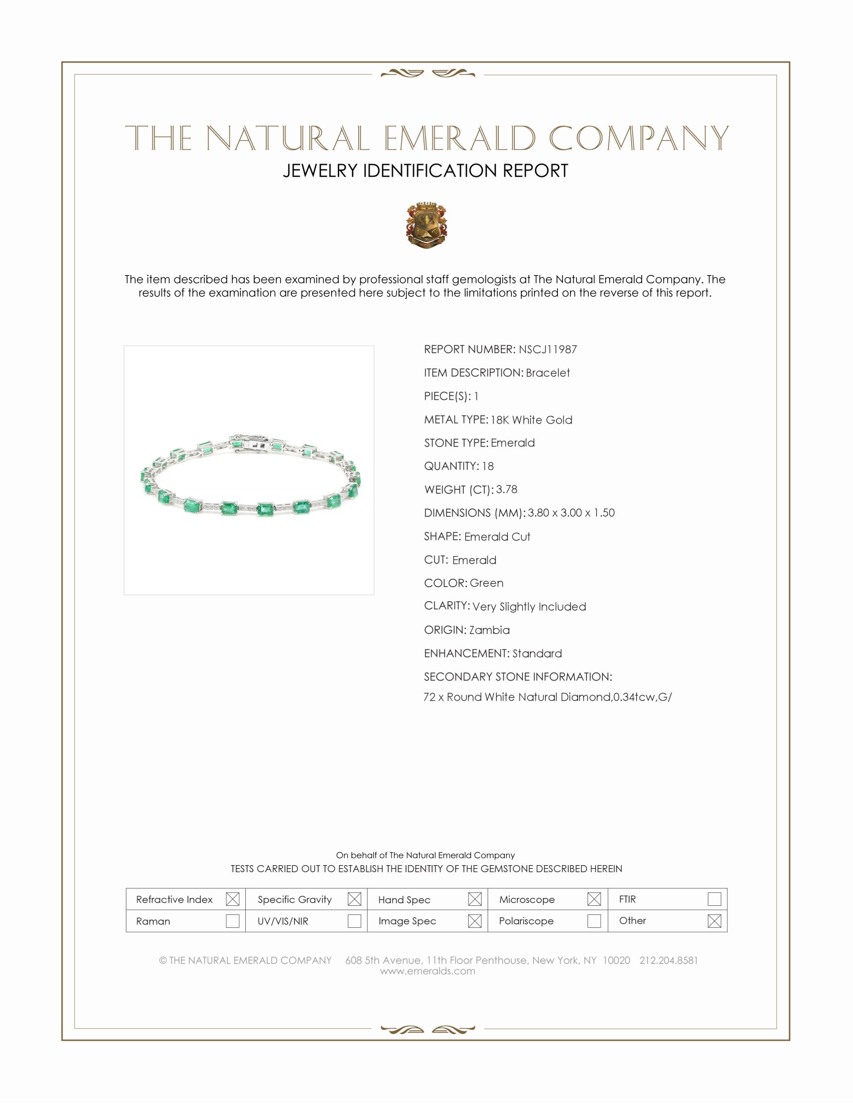 3.78 Ct.Tw. Emerald and Natural Diamond Tennis/Line Bracelet, 18K White Gold