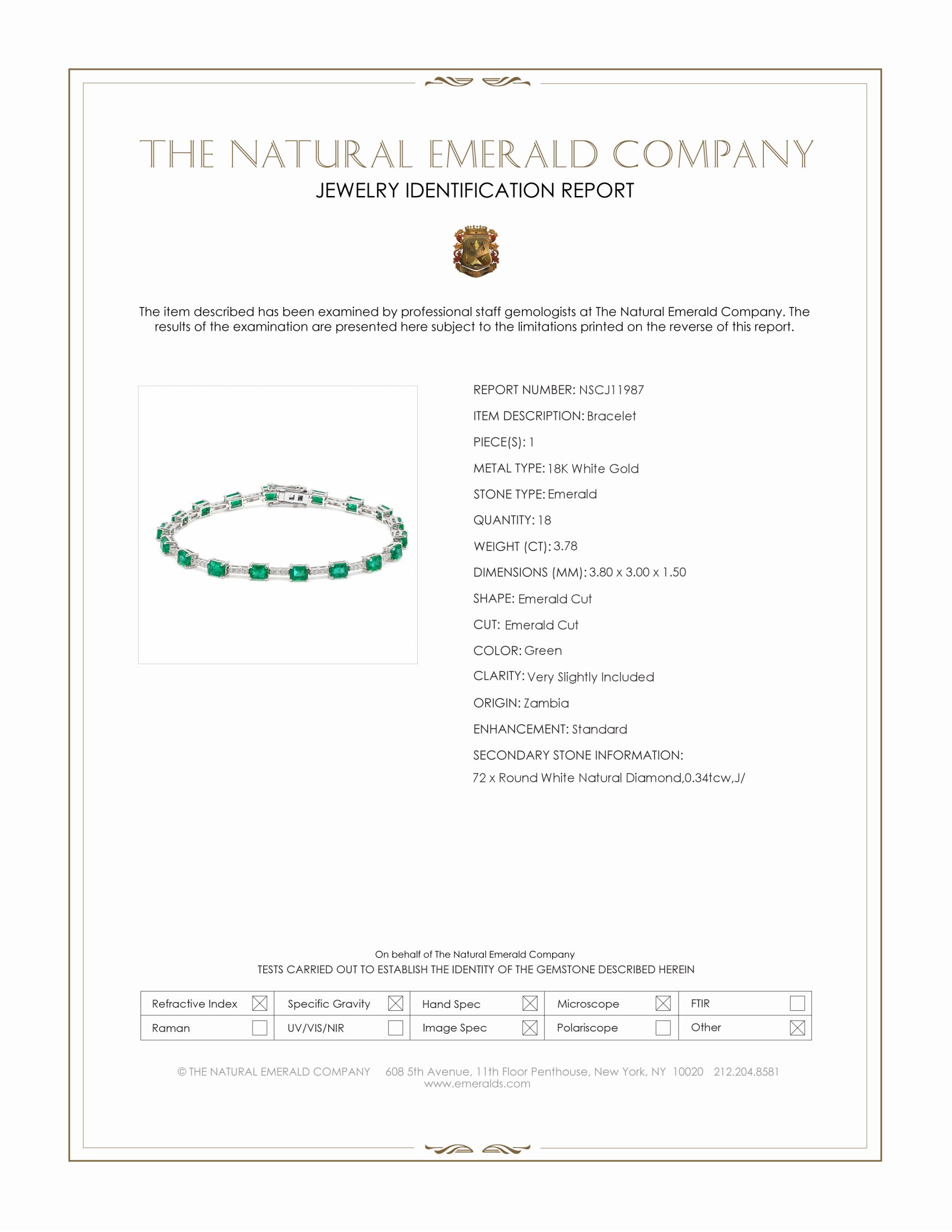 3.78 Ct.Tw. Emerald and Natural Diamond Tennis/Line Bracelet, 18K White Gold
