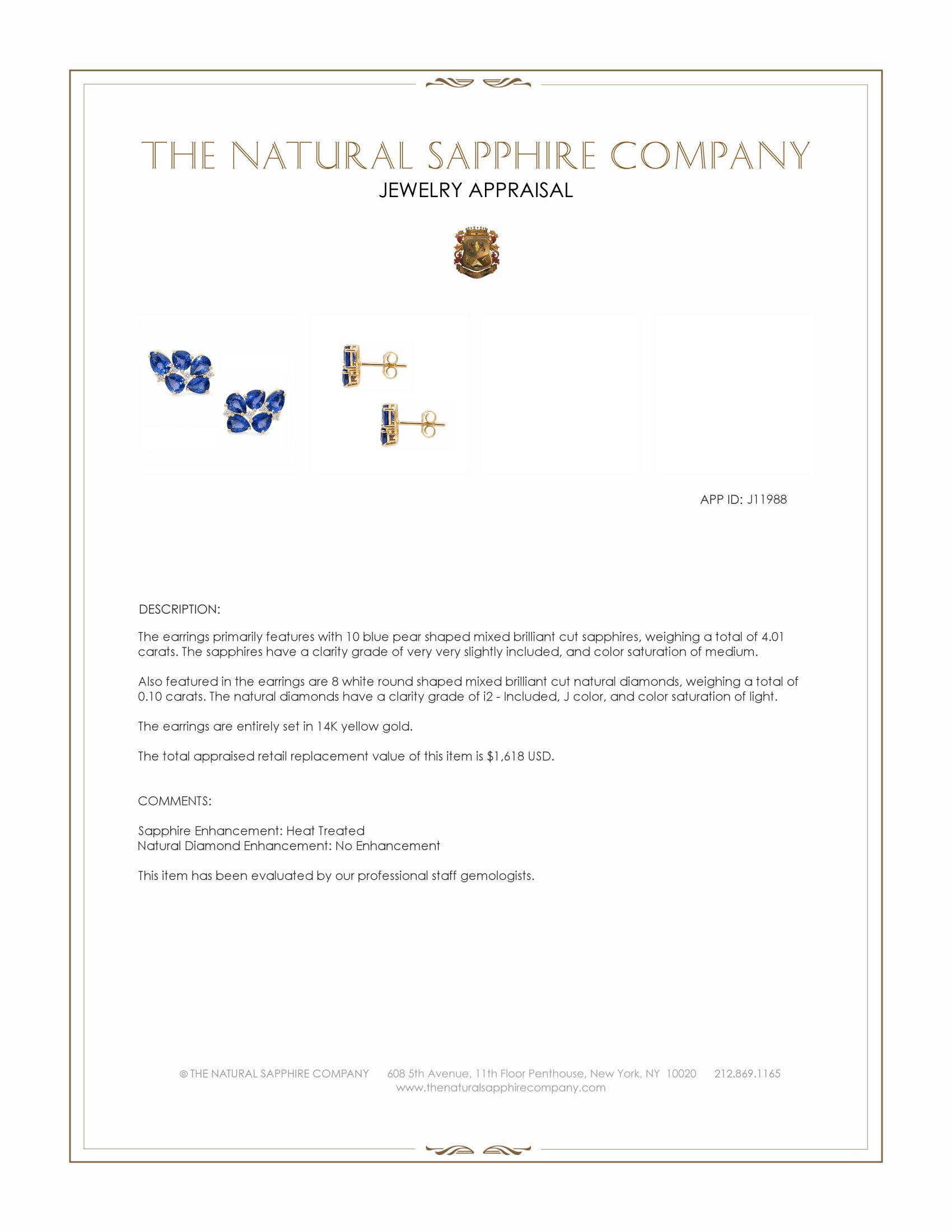 4.01 Ct.Tw. Blue Sapphire and Natural Diamond Studs Earrings, 14K Yellow Gold