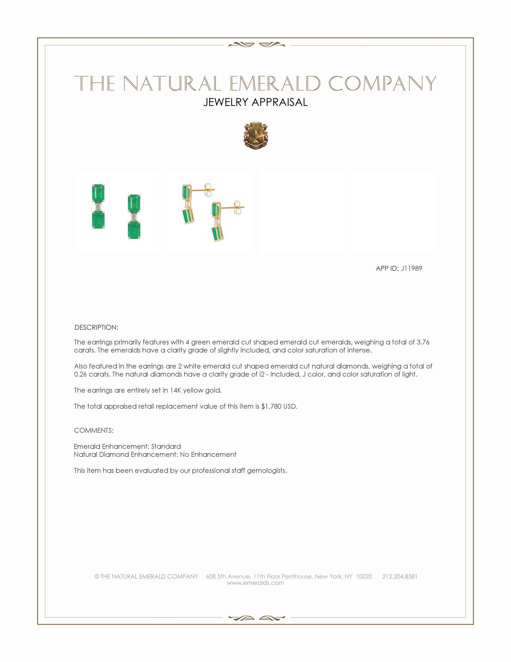 3.76 Ct.Tw. Emerald and Natural Diamond Studs Earrings, 14K Yellow Gold