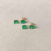 3.76 Ct.Tw.Total Carat Weight Emerald and Natural Diamond Studs Earrings, 14K Yellow Gold Life Style