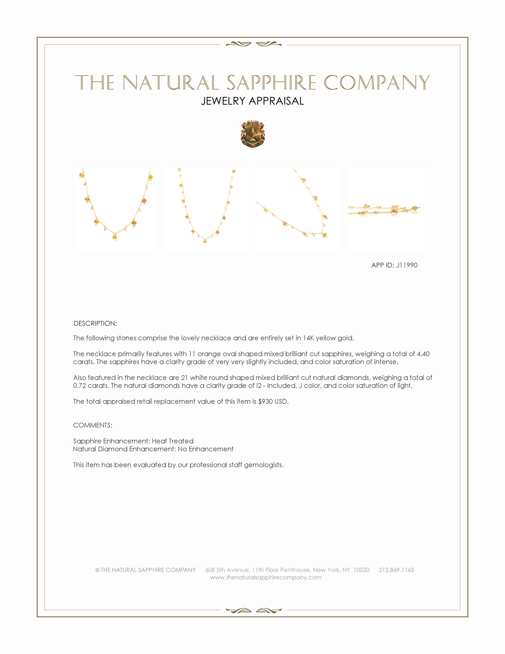 4.40 Ct. Orange Sapphire and Natural Diamond Bezel Necklace, 14K Yellow Gold
