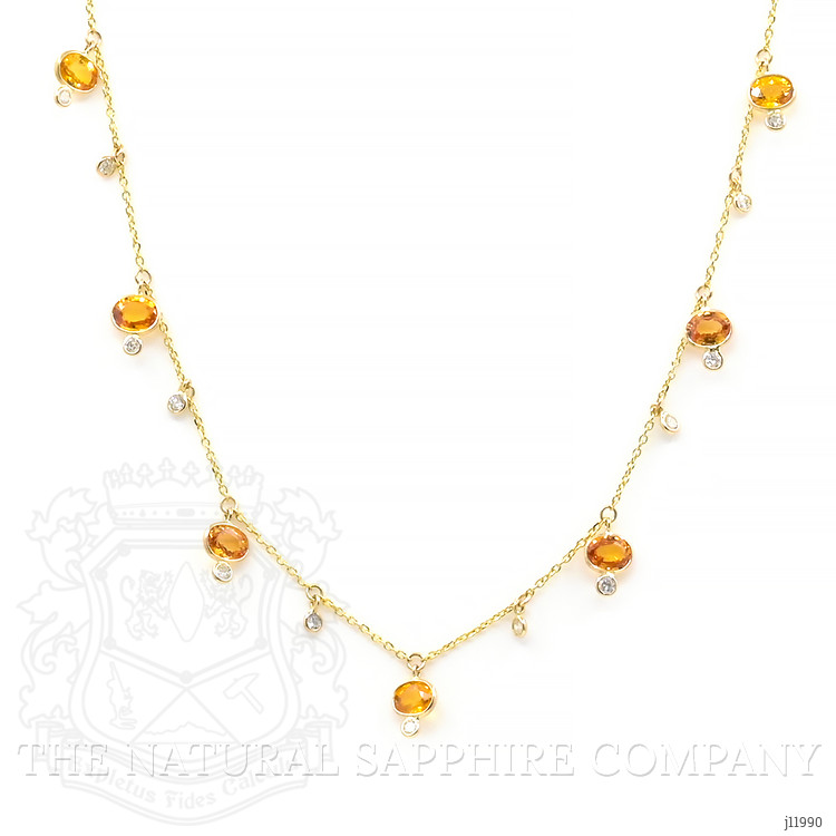4.40 Ct. Orange Sapphire and Natural Diamond Bezel Necklace, 14K Yellow Gold