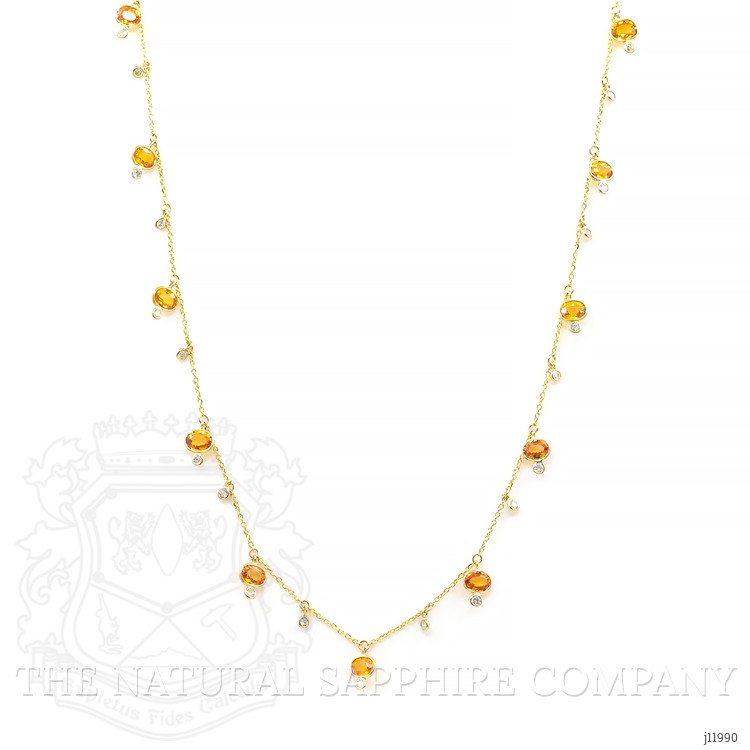 4.40 Ct. Orange Sapphire and Natural Diamond Bezel Necklace, 14K Yellow Gold