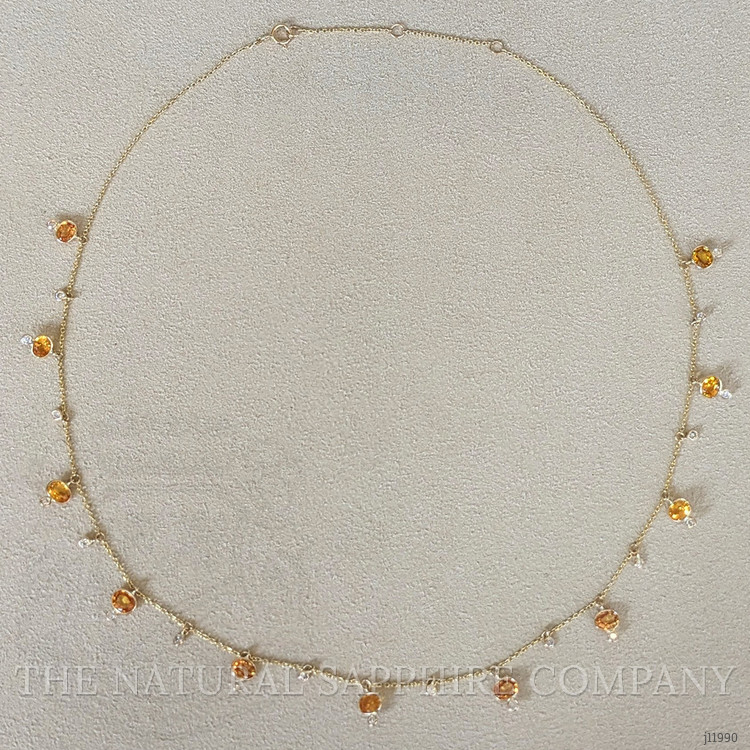 4.40 Ct. Orange Sapphire and Natural Diamond Bezel Necklace, 14K Yellow Gold