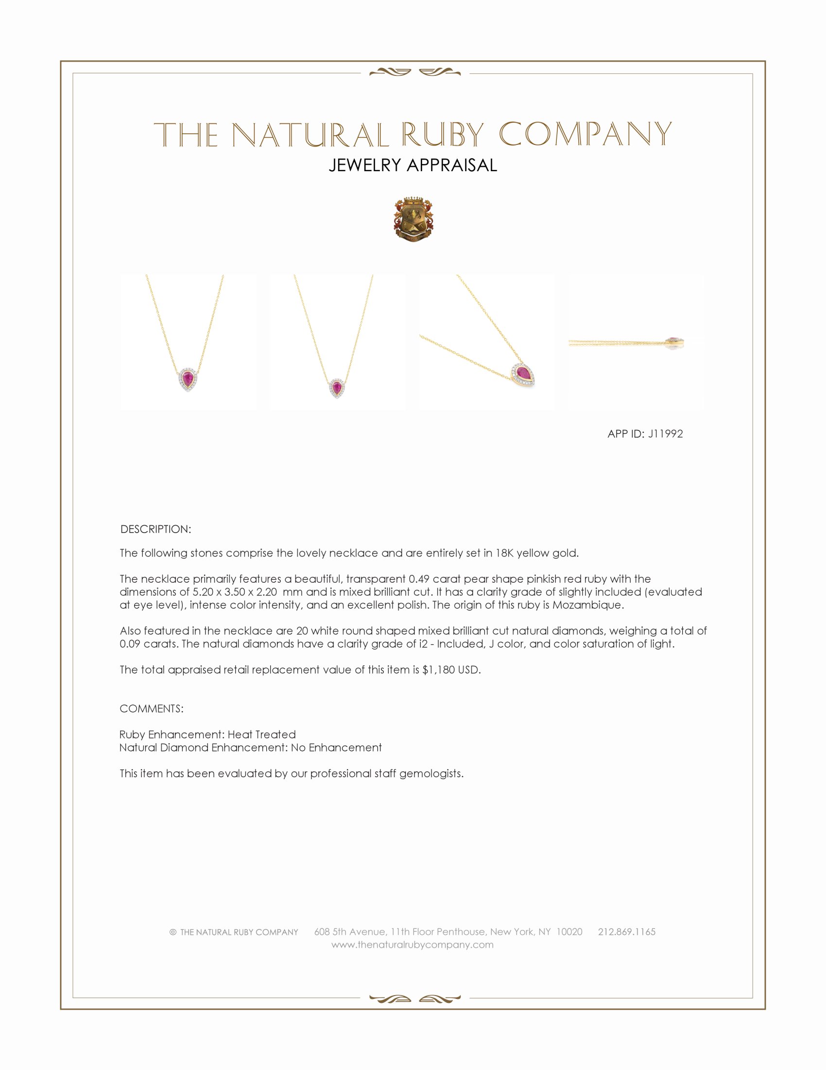 0.49 Ct. Pinkish Red Ruby and Natural Diamond Pave Necklace, 18K Yellow Gold