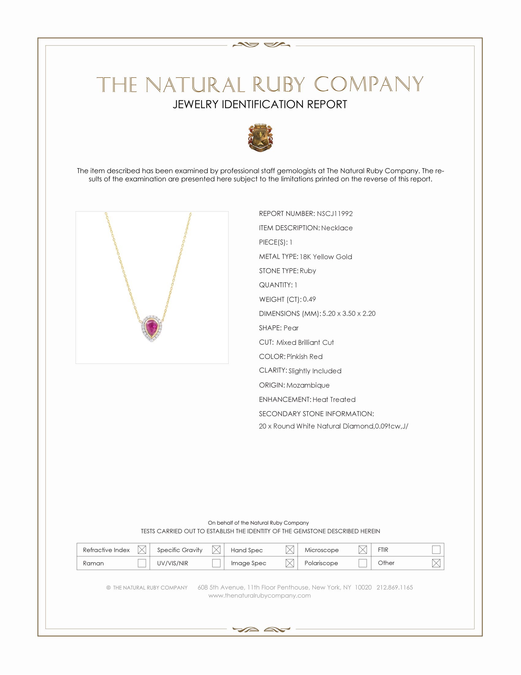 0.49 Ct. Pinkish Red Ruby and Natural Diamond Pave Necklace, 18K Yellow Gold