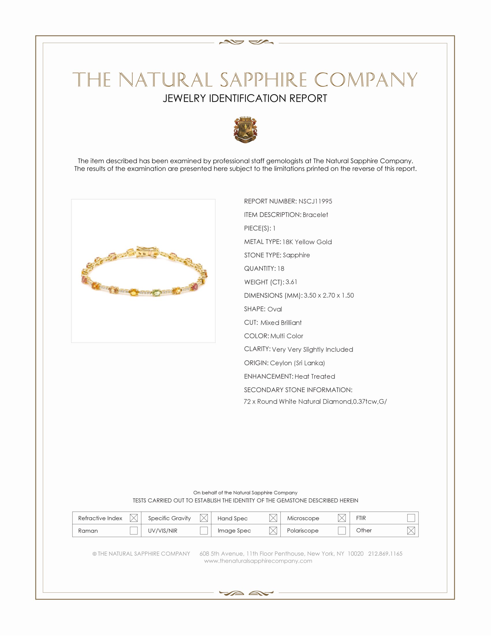 3.61 Ct.Tw. Multi Color Sapphire and Natural Diamond Tennis/Line Bracelet, 18K Yellow Gold