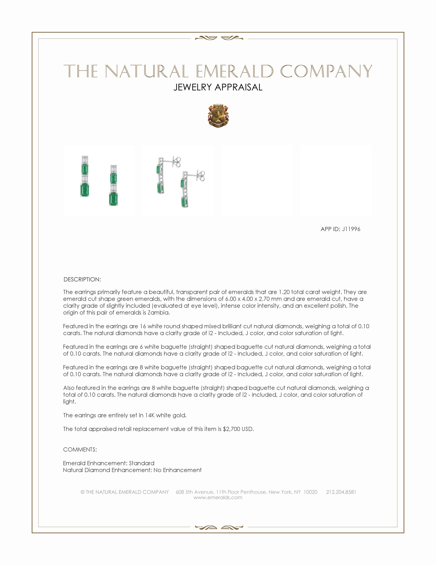 3.40 Ct.Tw. Emerald and Natural Diamond Studs Earrings, 14K White Gold