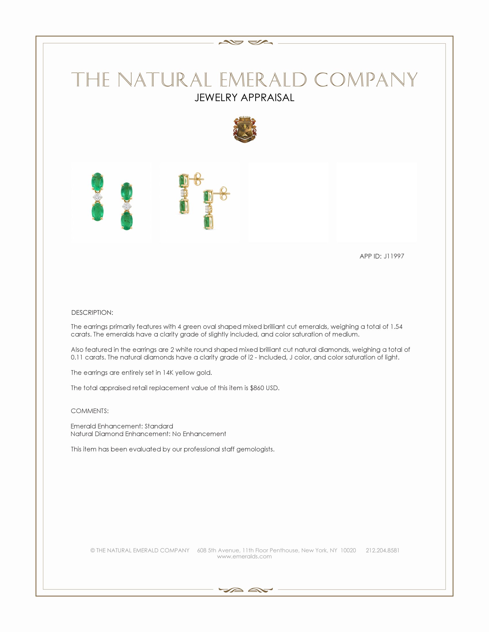 1.54 Ct.Tw. Emerald and Natural Diamond Studs Earrings, 14K Yellow Gold