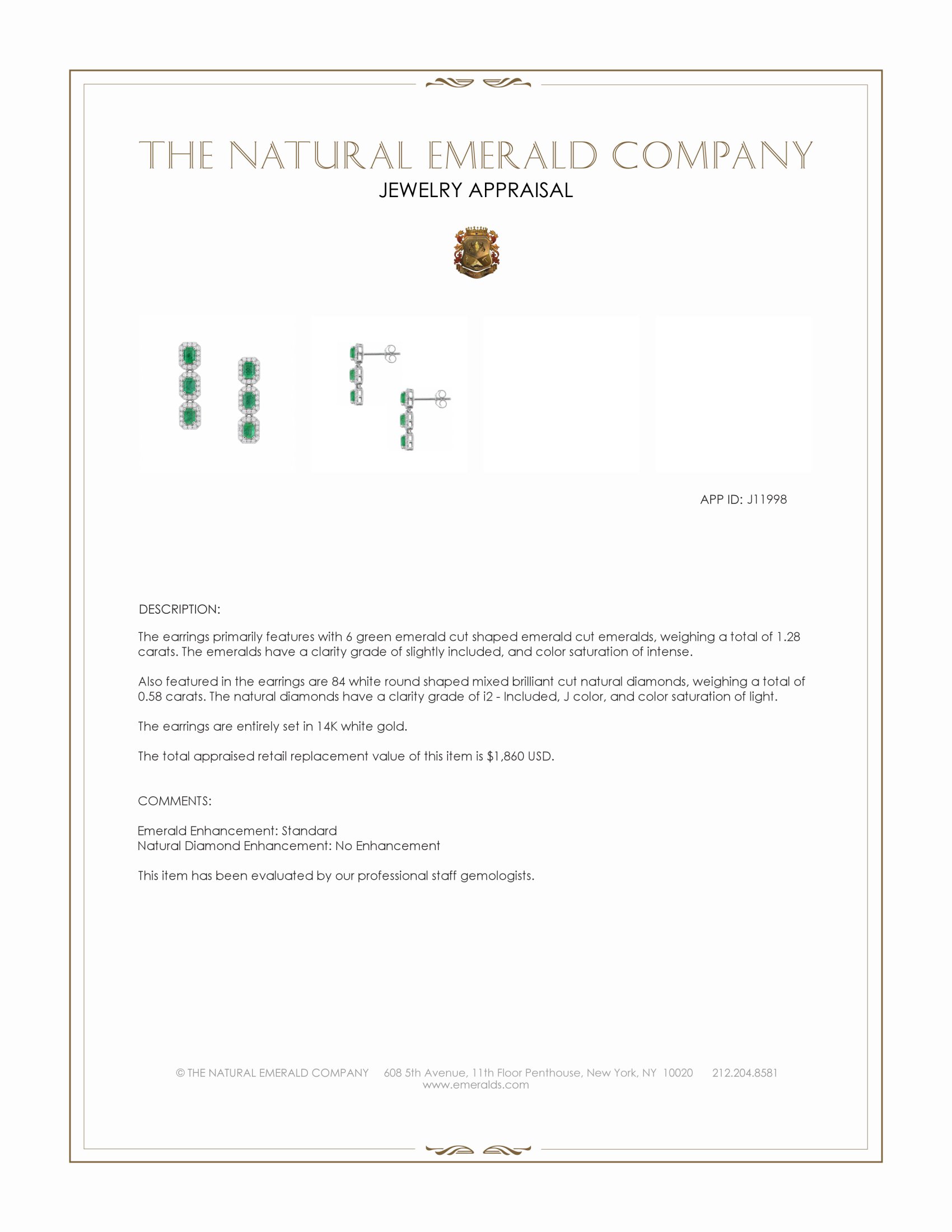 1.28 Ct.Tw. Emerald and Natural Diamond Studs Earrings, 14K White Gold