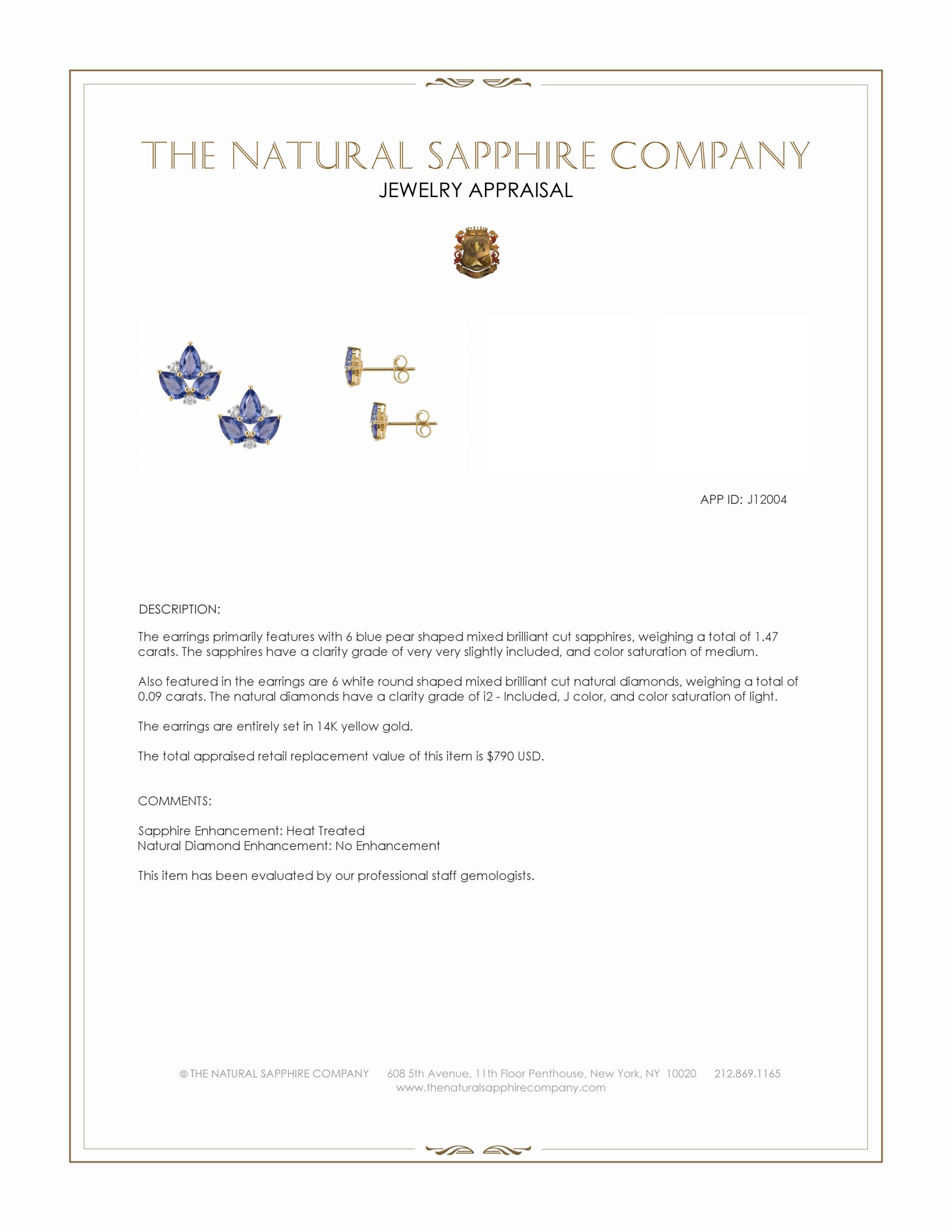 1.47 Ct.Tw. Blue Sapphire and Natural Diamond Studs Earrings, 14K Yellow Gold