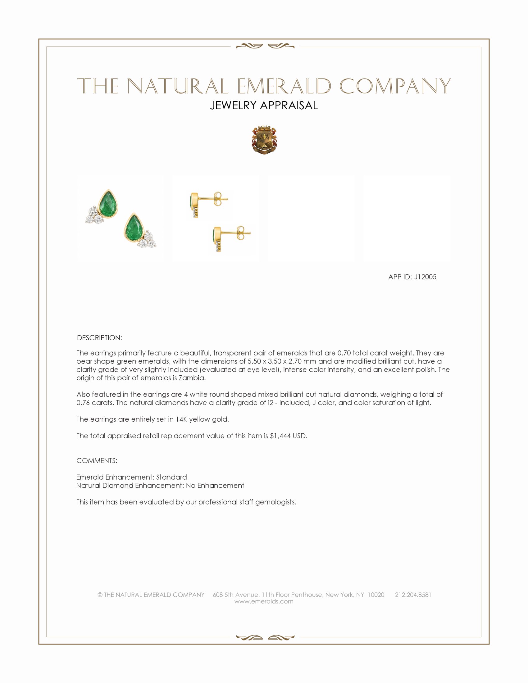 0.70 Ct.Tw. Emerald and Natural Diamond Studs Earrings, 14K Yellow Gold