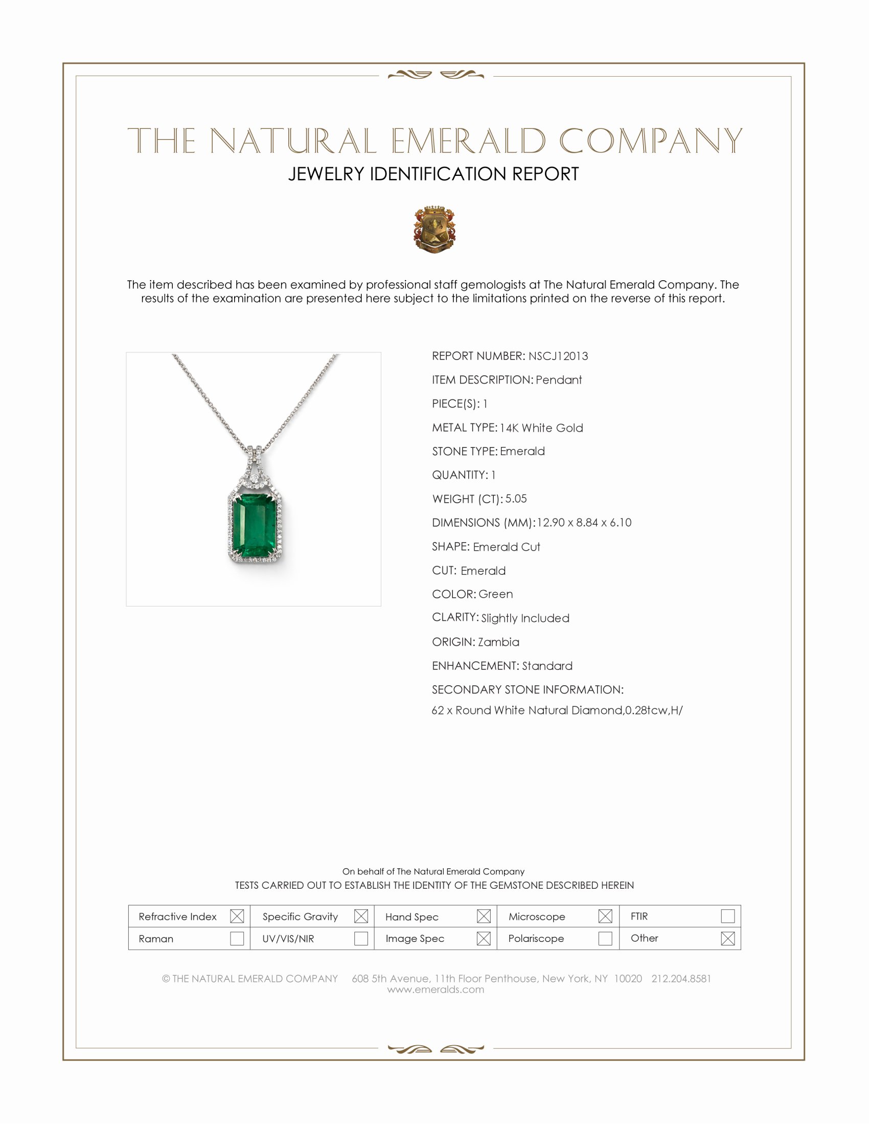 5.05 Ct. Emerald and Natural Diamond Halo Pendant, 14K White Gold
