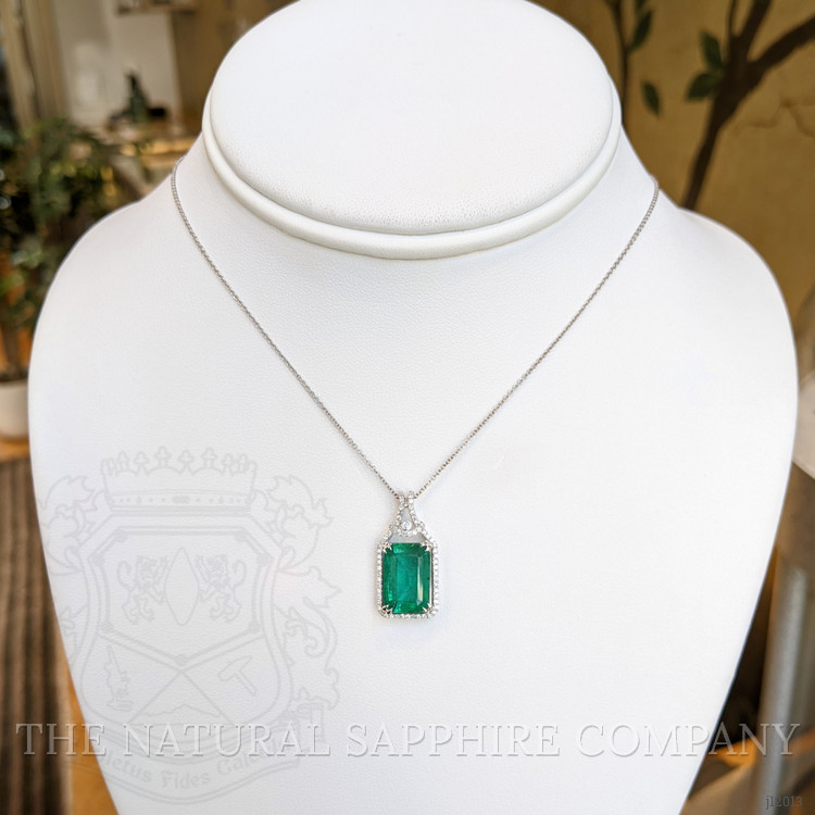 5.05 Ct. Emerald and Natural Diamond Halo Pendant, 14K White Gold
