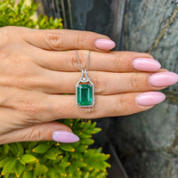 5.05 Ct. Emerald and Natural Diamond Halo Pendant, 14K White Gold Life Style