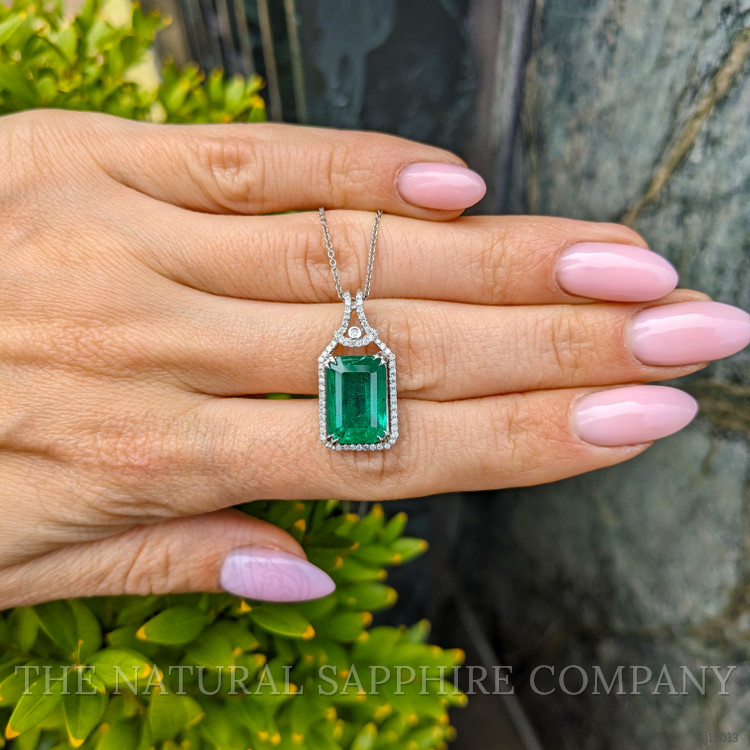 5.05 Ct. Emerald and Natural Diamond Halo Pendant, 14K White Gold