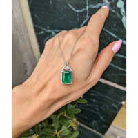 5.05 Ct. Emerald and Natural Diamond Halo Pendant, 14K White Gold Life Style